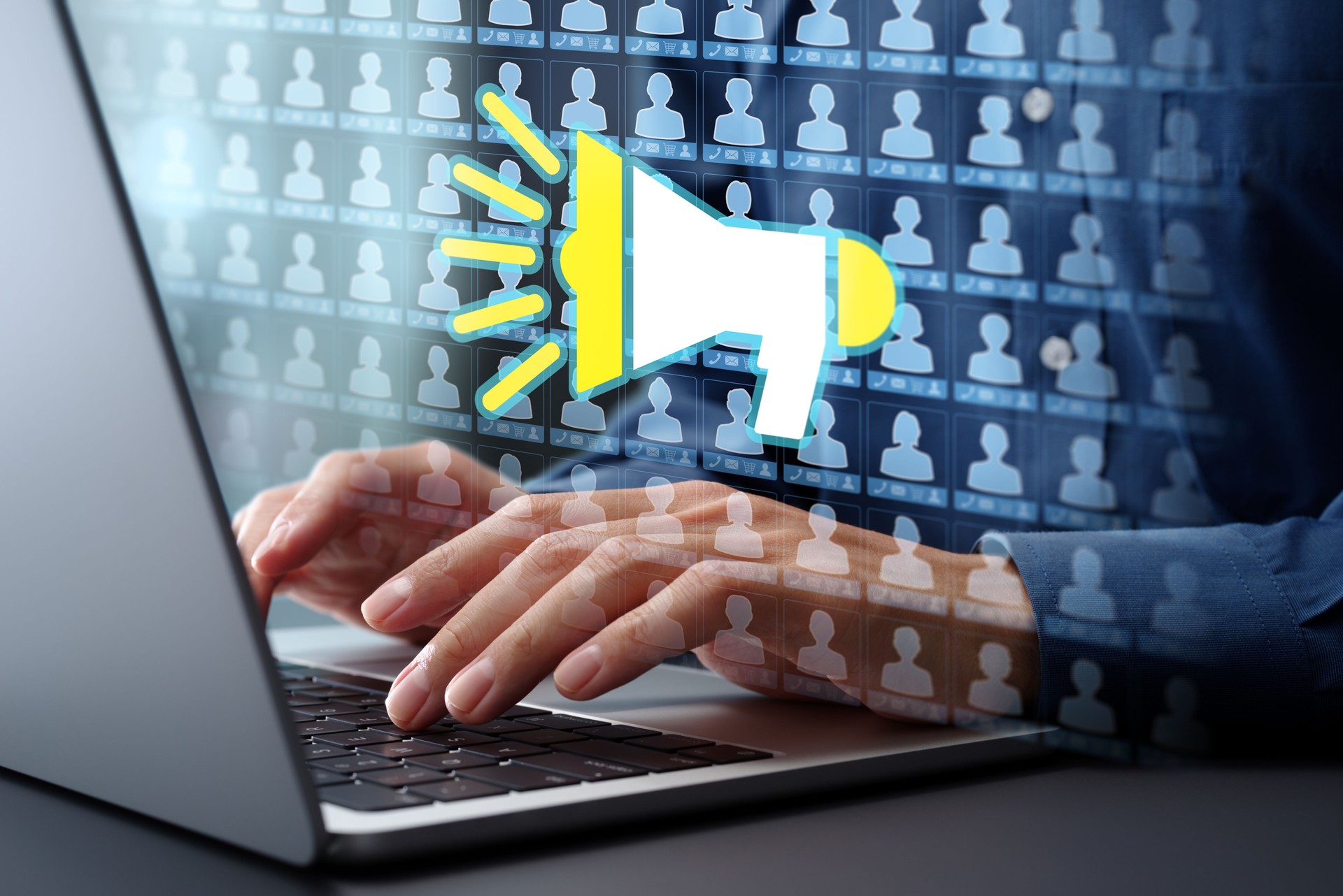 Marketing automation and customer database. Advertisement AD and campaign management. Businessman typing on laptop computer keyboard at desk in office.